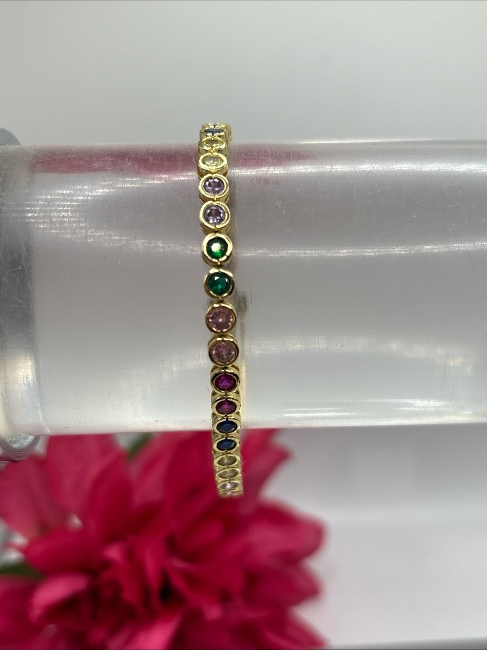 Gold-Tone Rainbow-Colored Bezel-Set Gemstones Tennis Bracelet